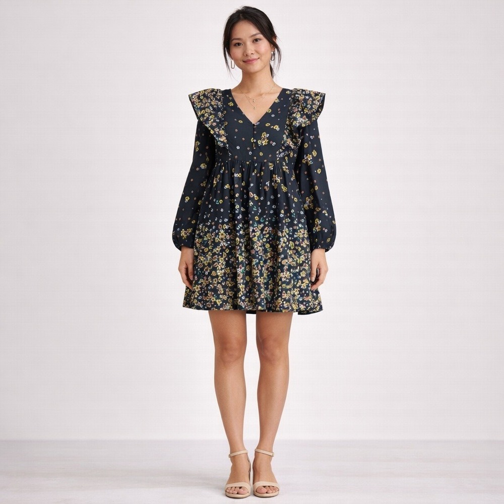Lost + Wander Field of Dreams Mini Dress Black Multi Floral Ruffle NEW XS-S